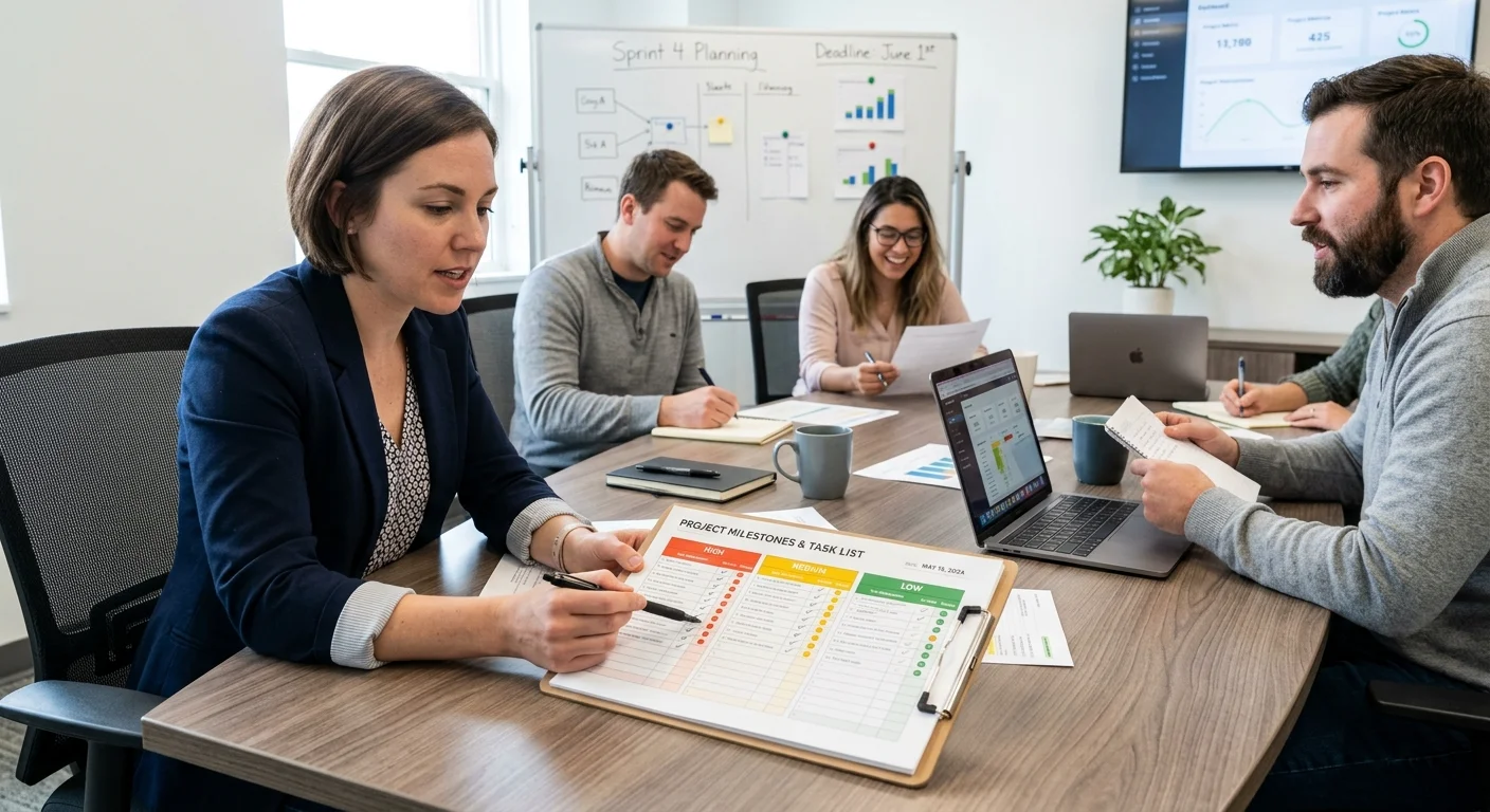 Project manager reviewing organized checklist template with team