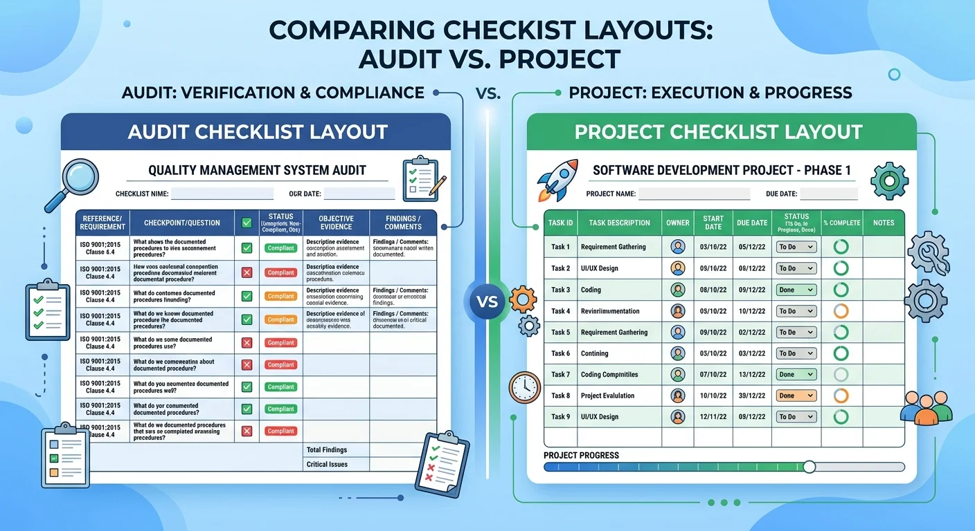 Comparison diagram showing audit checklist with compliance columns next to a project checklist with timeline and task owner columns