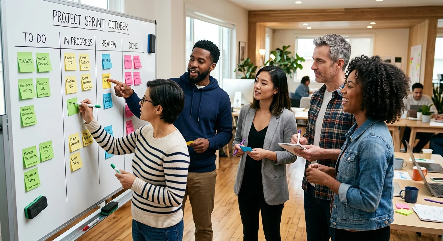 Small team planning tasks on a whiteboard with color-coded checklist items