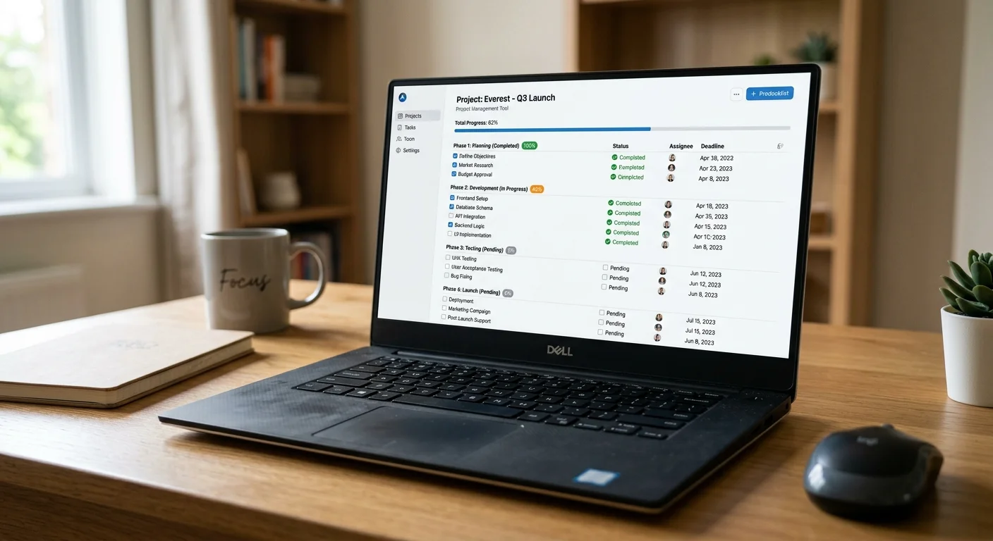 Digital task management checklist tool displaying project phases with completion status