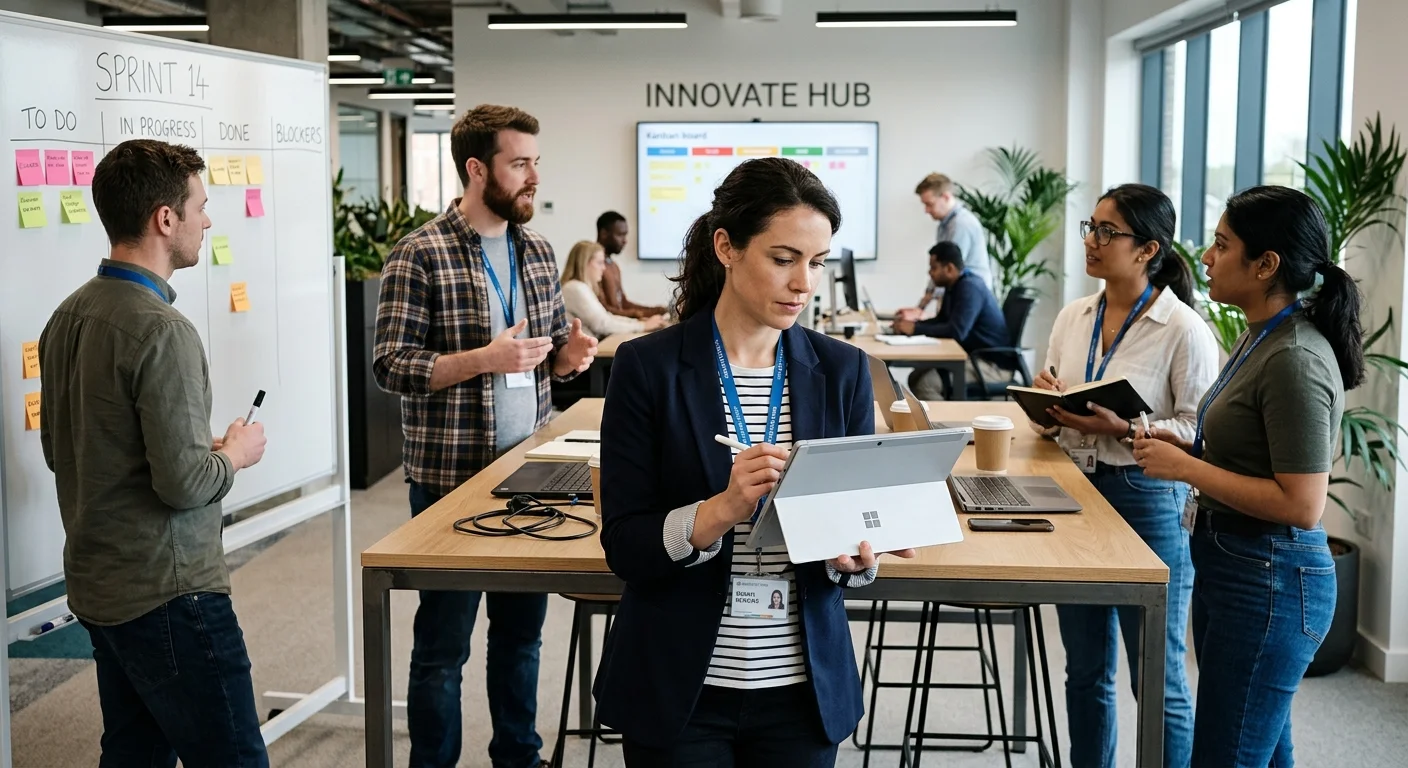 Project manager using daily checklist on tablet at standup