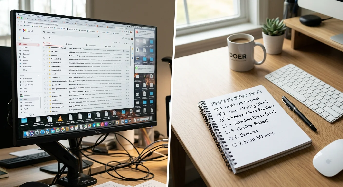 Comparison of cluttered inbox and organized daily checklist